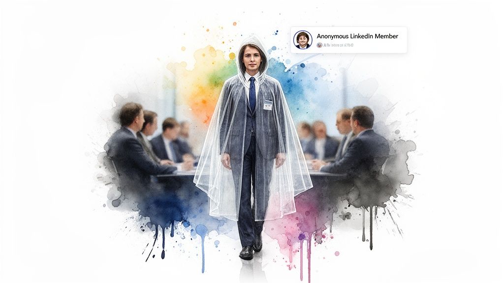 A professional in a suit and clear hooded raincoat walks through a colorful, blurred meeting.