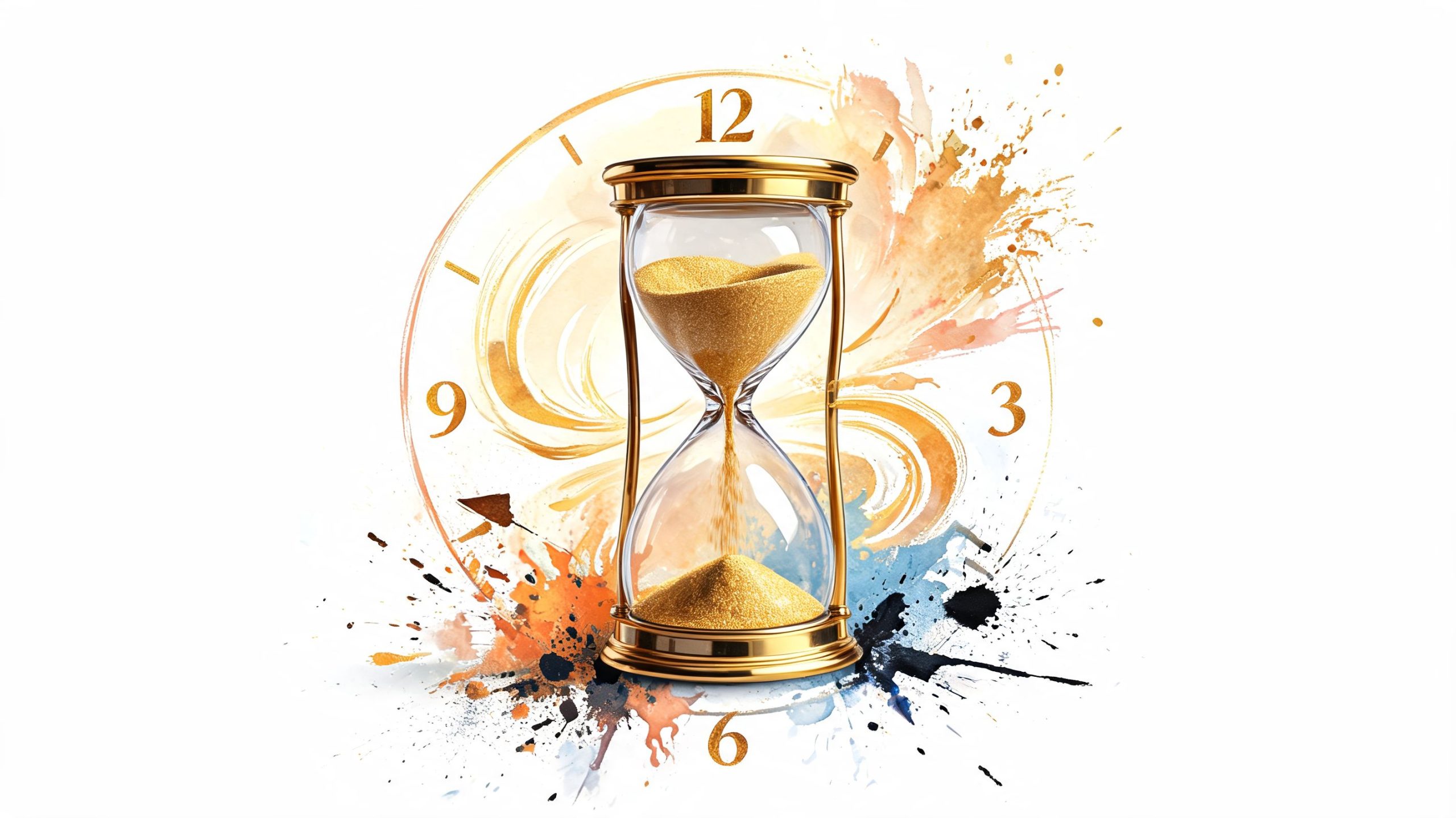 A golden hourglass centered on a clock face background with abstract orange and blue watercolor splashes.