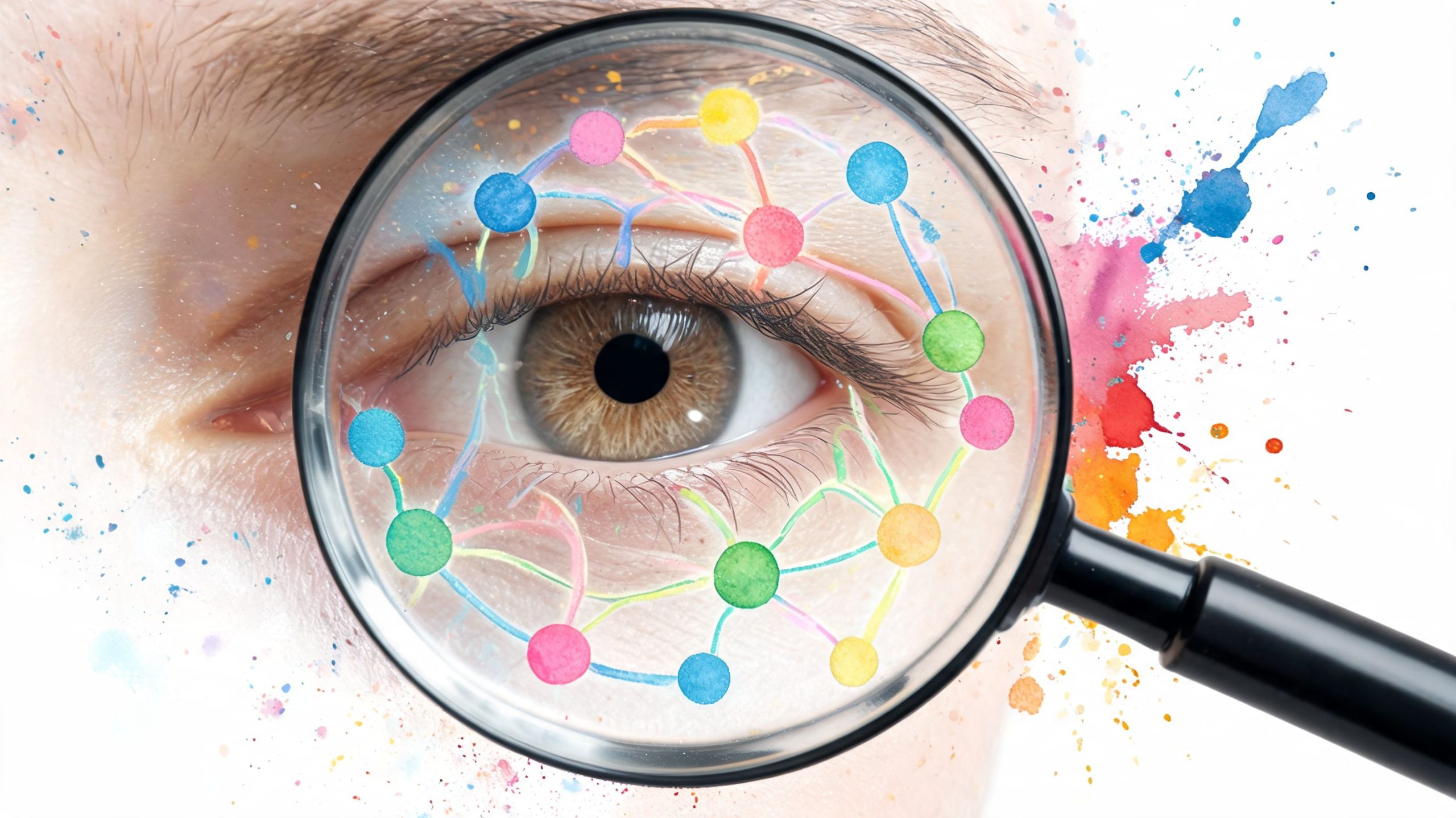 A close-up of a human eye viewed through a magnifying glass displaying colorful connected network nodes.