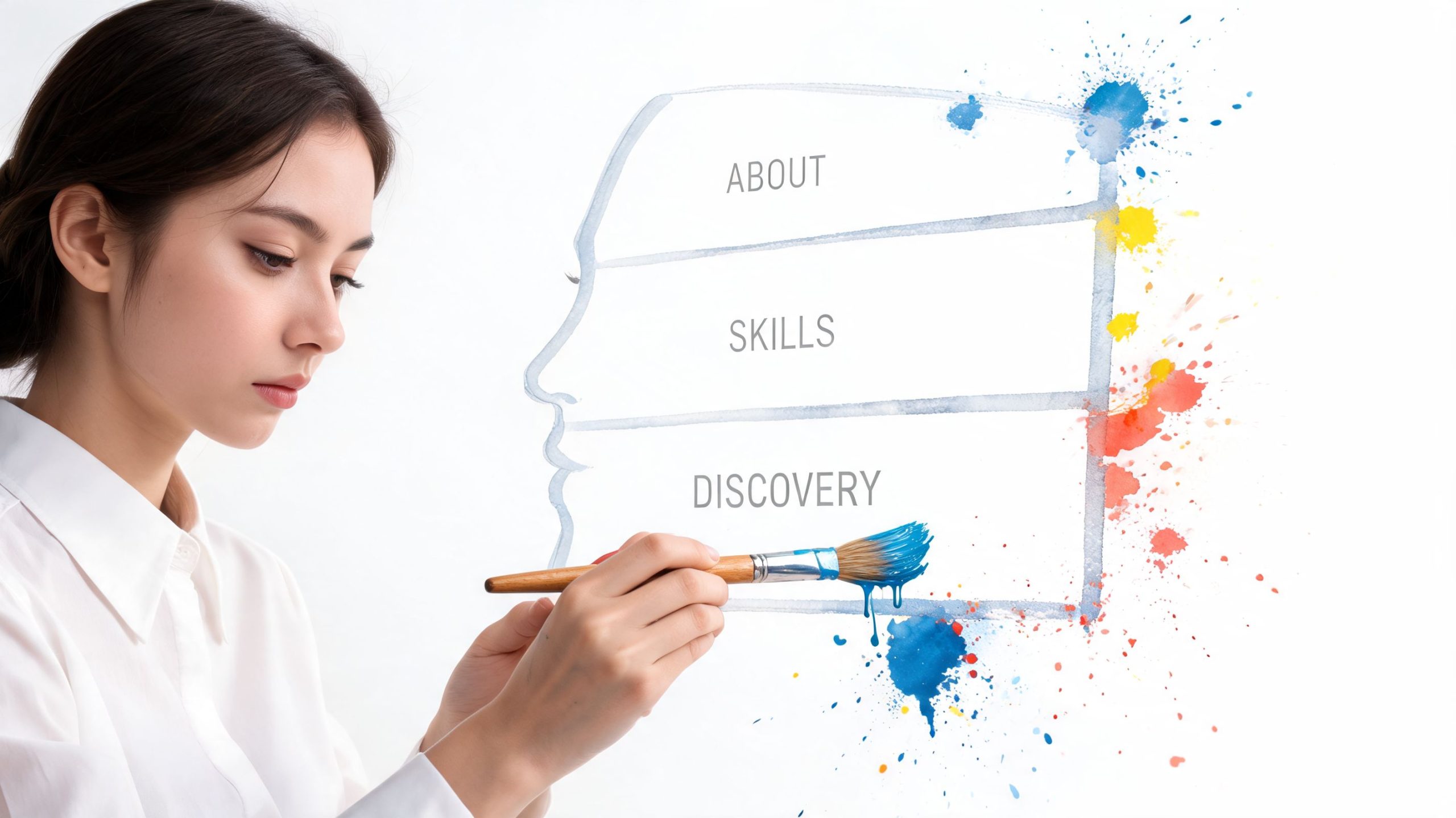 A woman painting an infographic of a profile silhouette with categories for about, skills, and discovery.