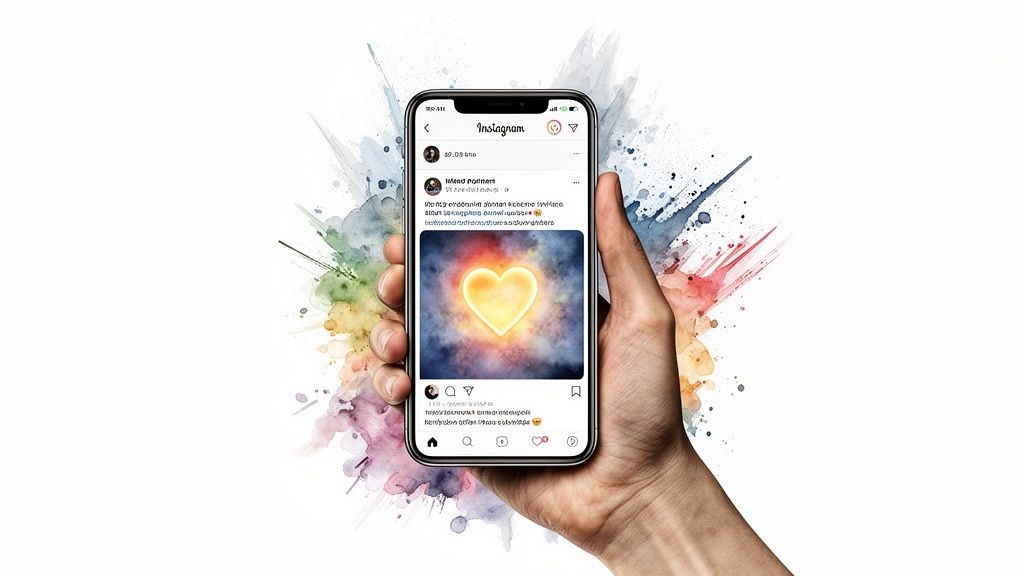 A hand holds a smartphone displaying an Instagram post with a glowing yellow heart, surrounded by vibrant watercolor splashes.