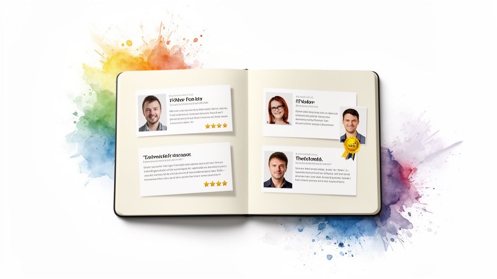 An open notebook displaying four customer testimonials with photos, text, and star ratings on a colorful background.
