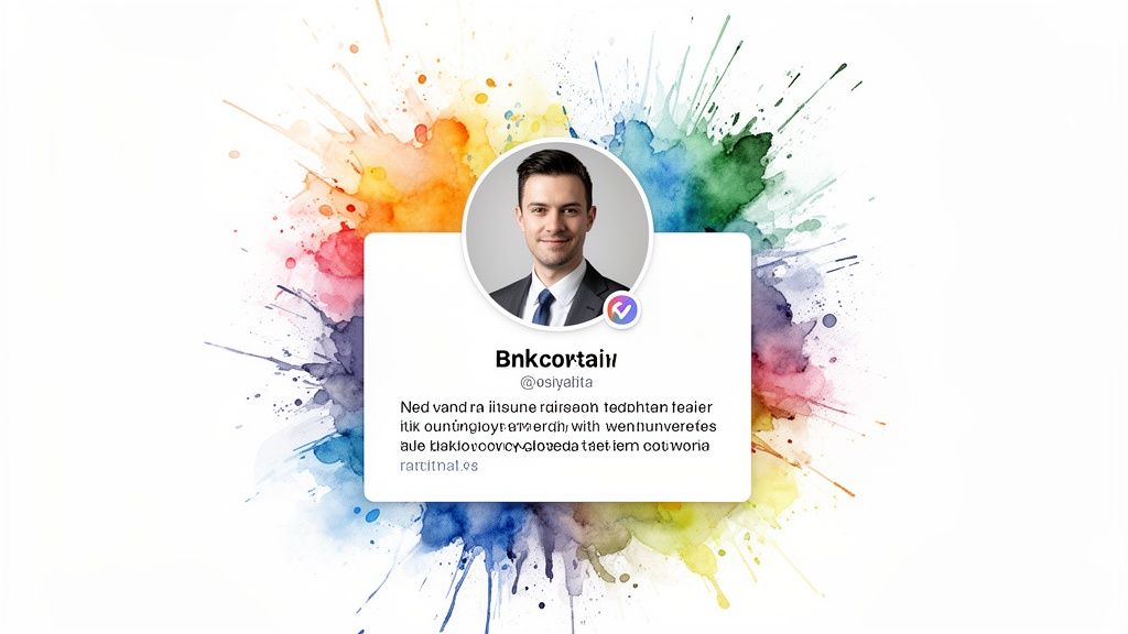 A smiling man's social media profile card against a vibrant watercolor splash background, resembling a tweet.