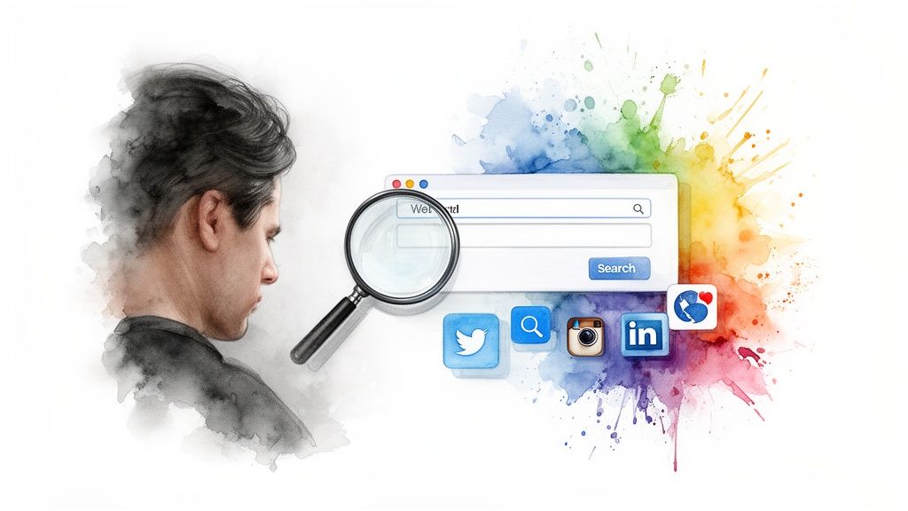 Watercolor illustration of a person viewing a search bar, magnifying glass, and social media icons.