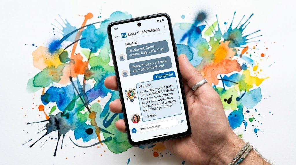 A hand holding a smartphone displaying a comparison between generic and thoughtful LinkedIn connection request messages.