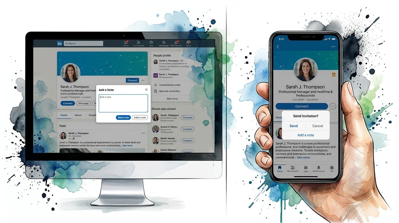 A split view showing the LinkedIn interface for sending connection requests on desktop and mobile devices.