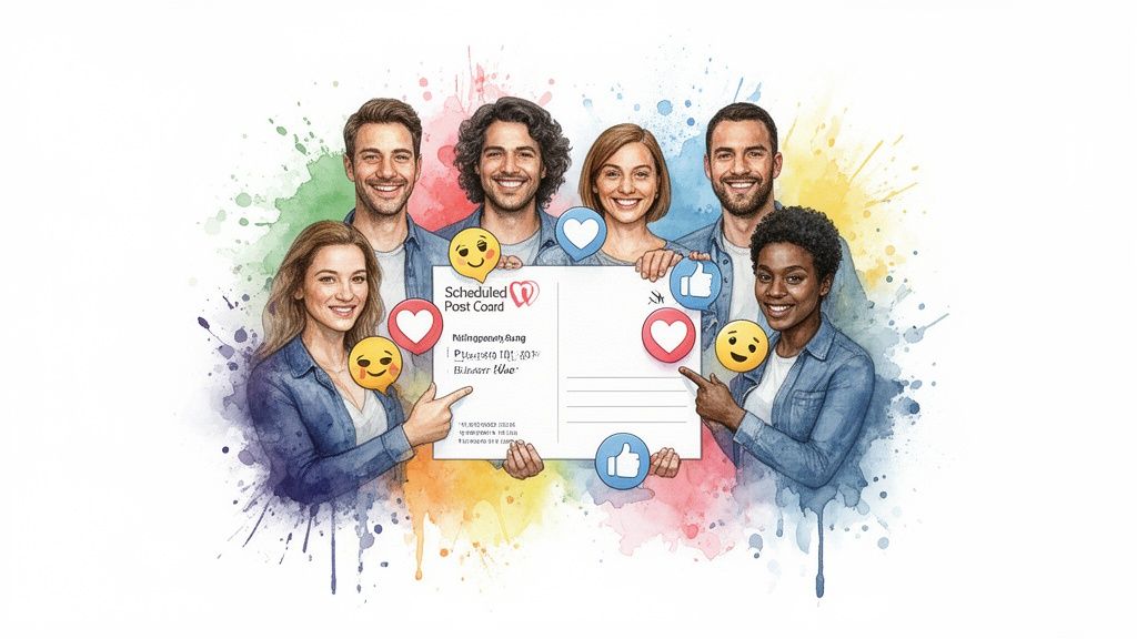 Diverse group of smiling people holding a 'Scheduled Post' postcard with social media icons.