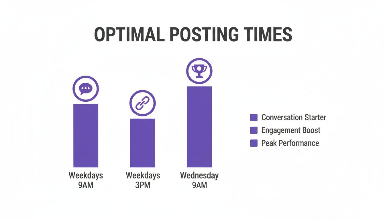 Bar chart showing optimal social media posting times for conversation, engagement, and peak performance.