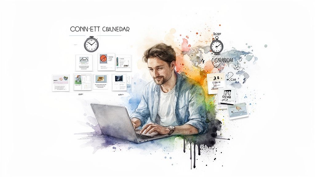 Watercolor illustration of a man typing on a laptop, surrounded by calendar notes and clocks.