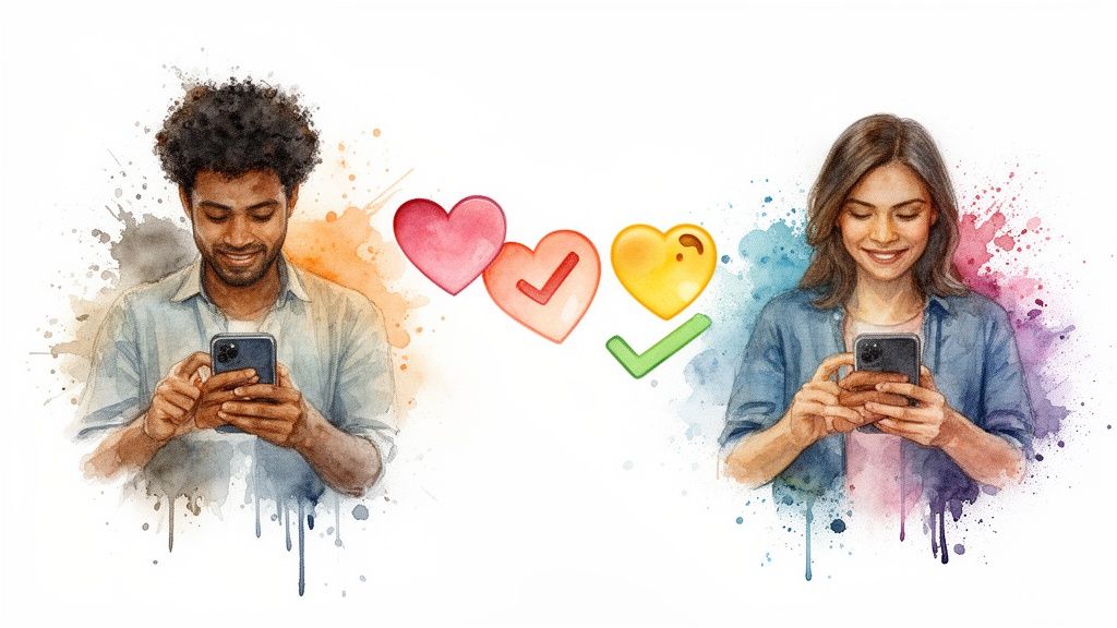 A watercolor illustration of a man and woman using phones, with hearts and checkmarks signifying online connection.
