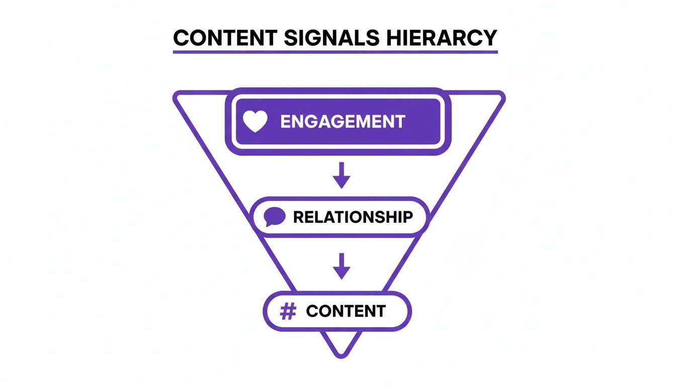 A purple funnel diagram illustrating the Content Signals Hierarchy: Engagement, Relationship, and Content.