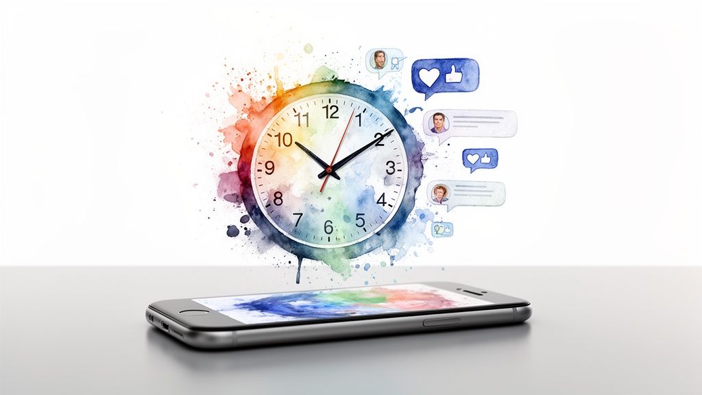 A smartphone reflecting a watercolor clock with social media interaction bubbles, symbolizing digital time.