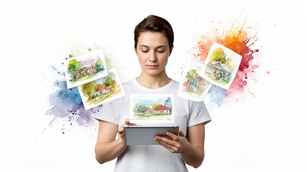 A woman views digital creations on a tablet, surrounded by floating watercolor house paintings.