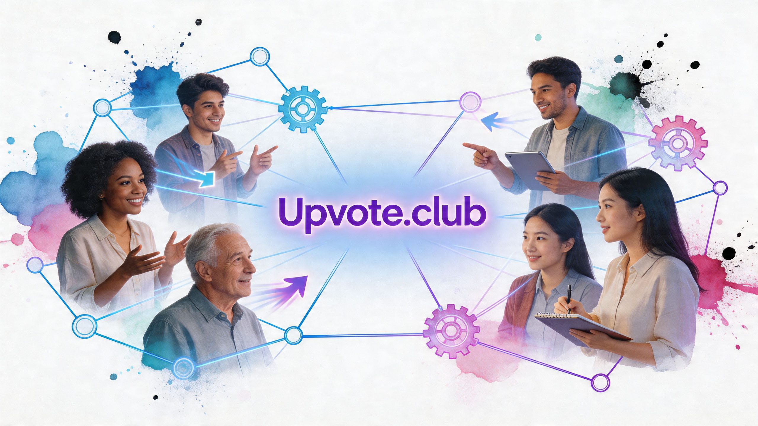 A diverse group of people collaborating digitally around the text Upvote.club, featuring network connections and gears.