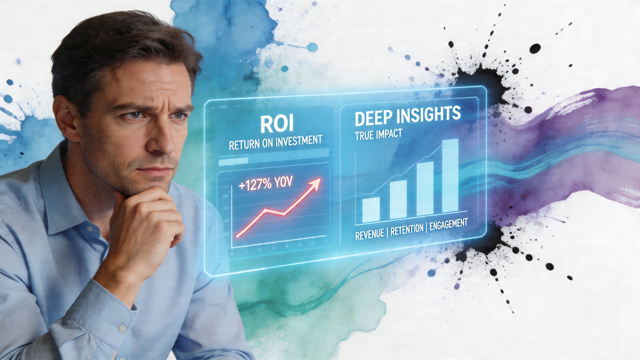 A businessman contemplating business performance metrics displayed on a digital holographic interface showcasing ROI and engagement.