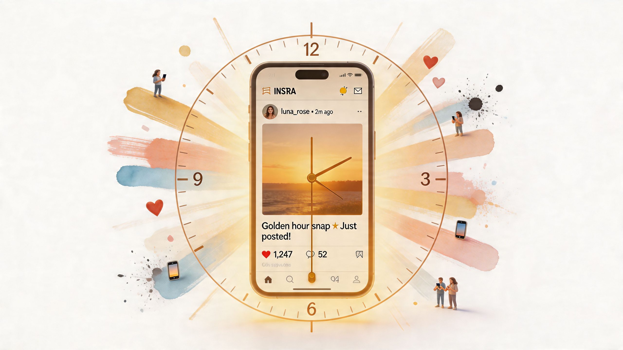 A smartphone showing a social media post set against a background of a clock and people.