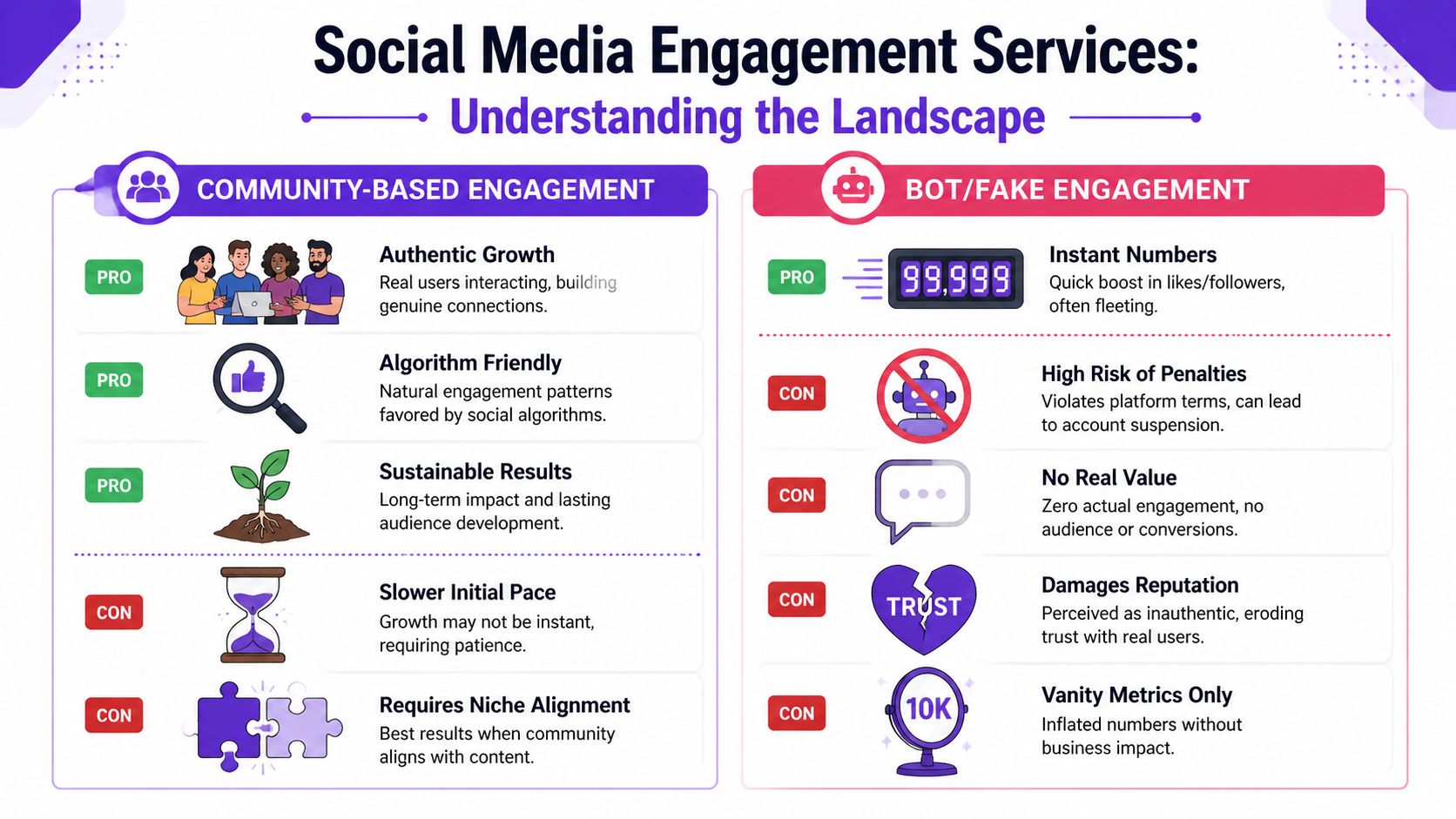 A comparison infographic showing the pros and cons of community-based engagement versus bot or fake engagement services.
