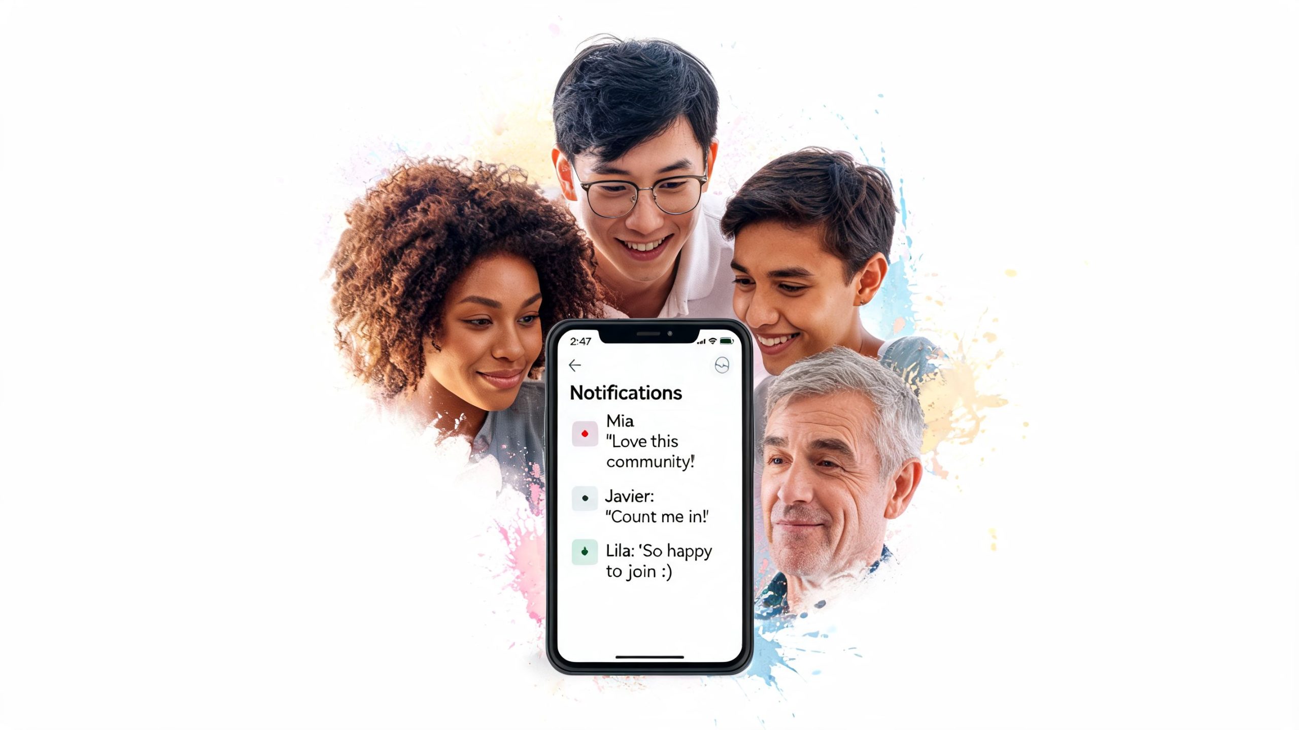A diverse group of people looking together at a smartphone displaying social media notifications and community messages.