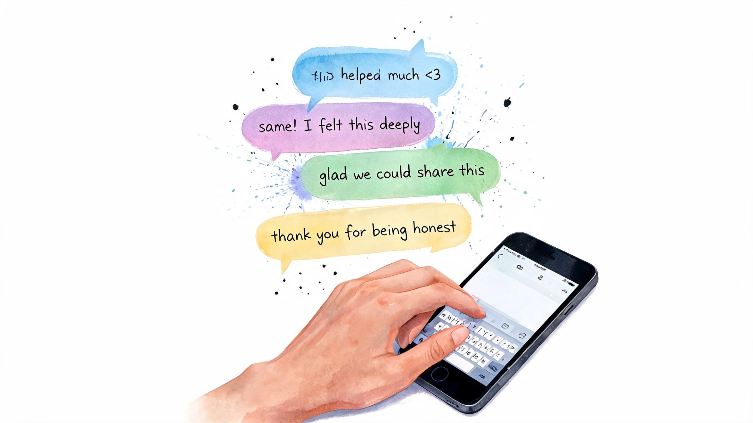 A person typing on a smartphone, surrounded by colorful watercolor speech bubbles representing social media conversations.