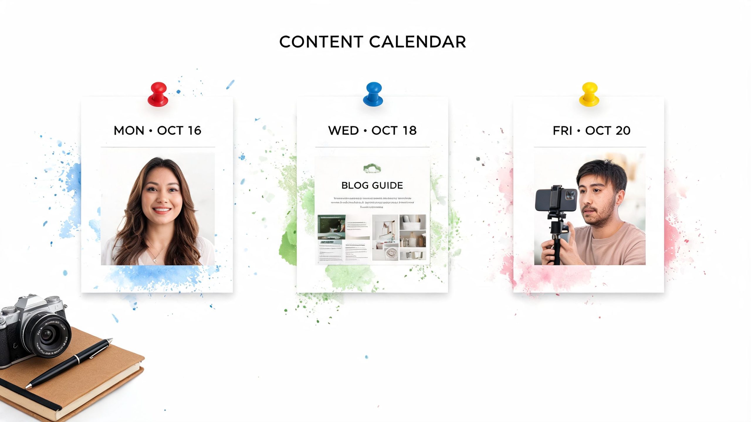 A content calendar graphic featuring three polaroid-style photos with dates, showing a woman, a blog guide, and a content creator.