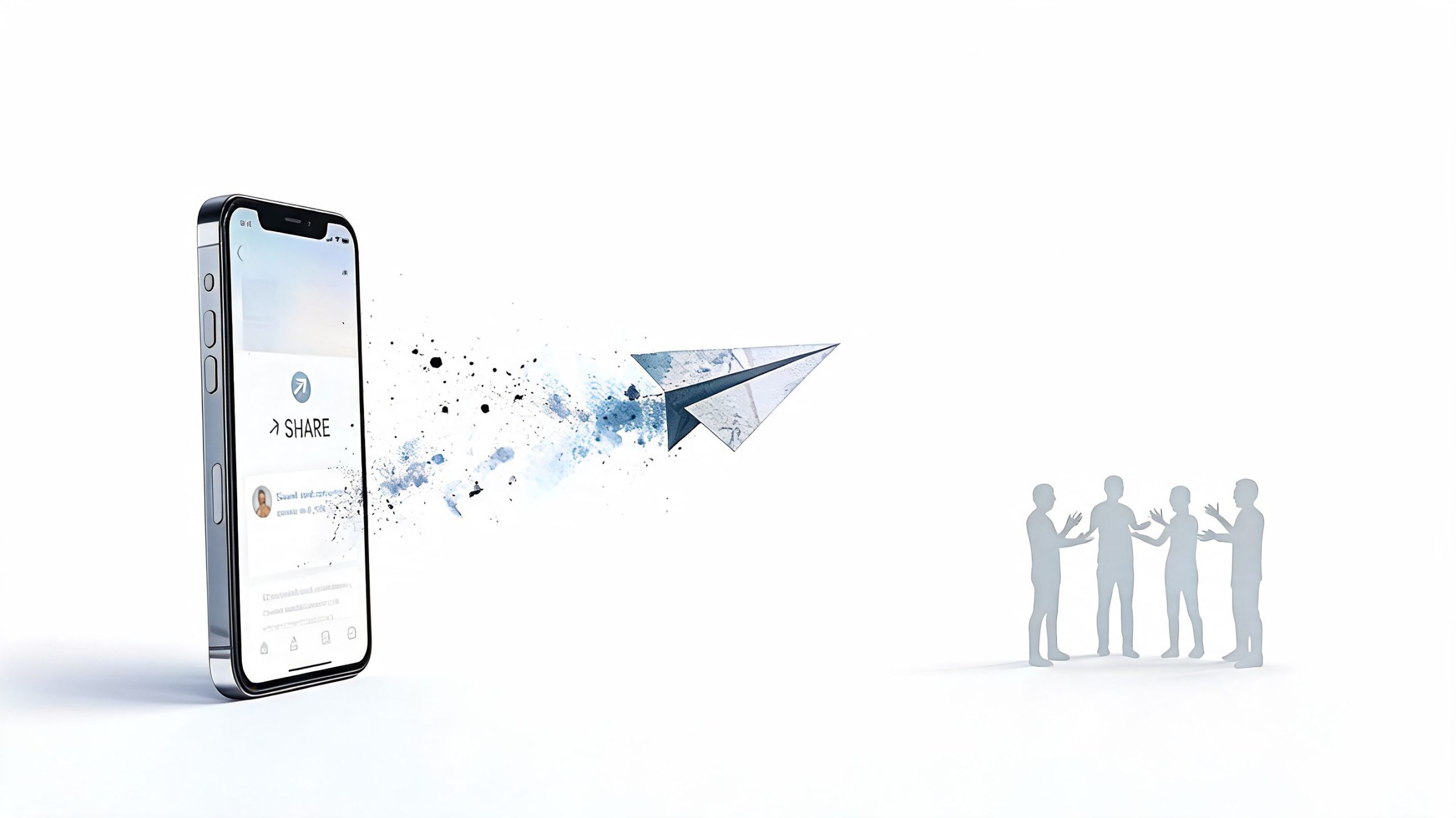 A smartphone sending a digital paper airplane towards a group of people representing online social media engagement.