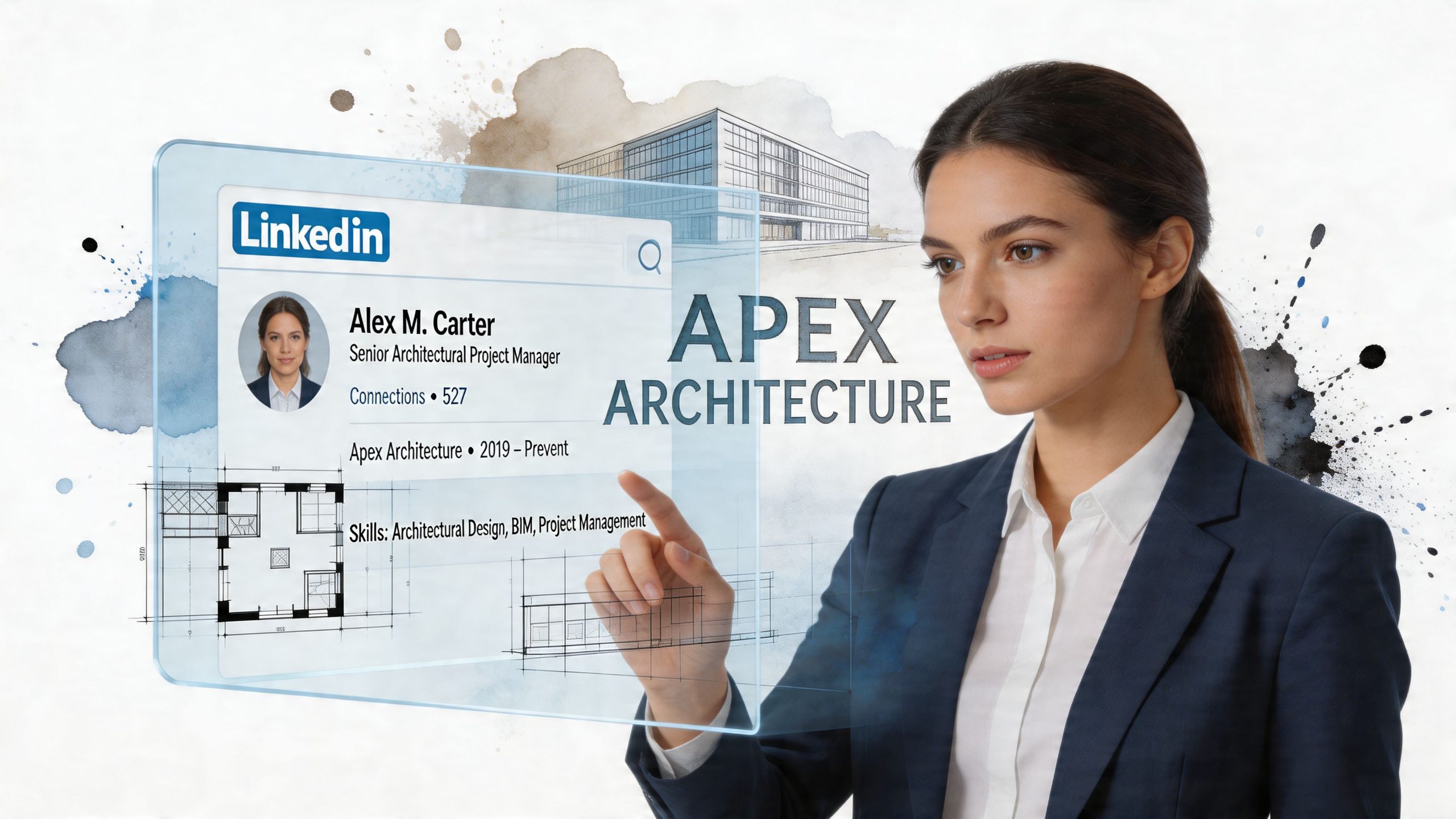 A professional woman interacting with a digital LinkedIn profile overlay showing architectural career details.
