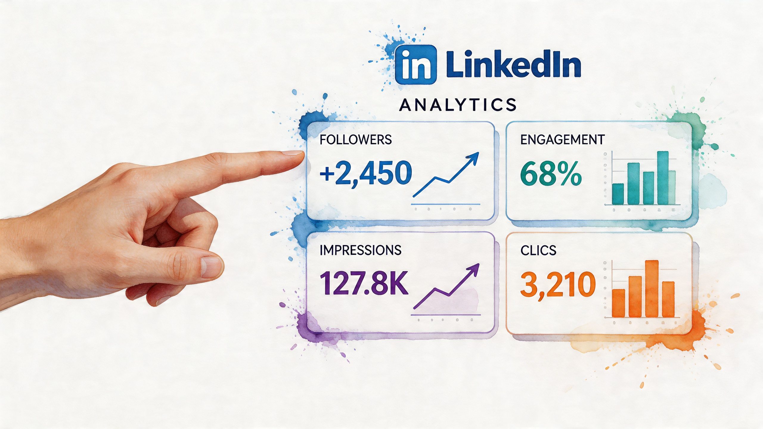 A human finger points to LinkedIn analytics dashboard showing followers, engagement, impressions, and clicks data visualizations.