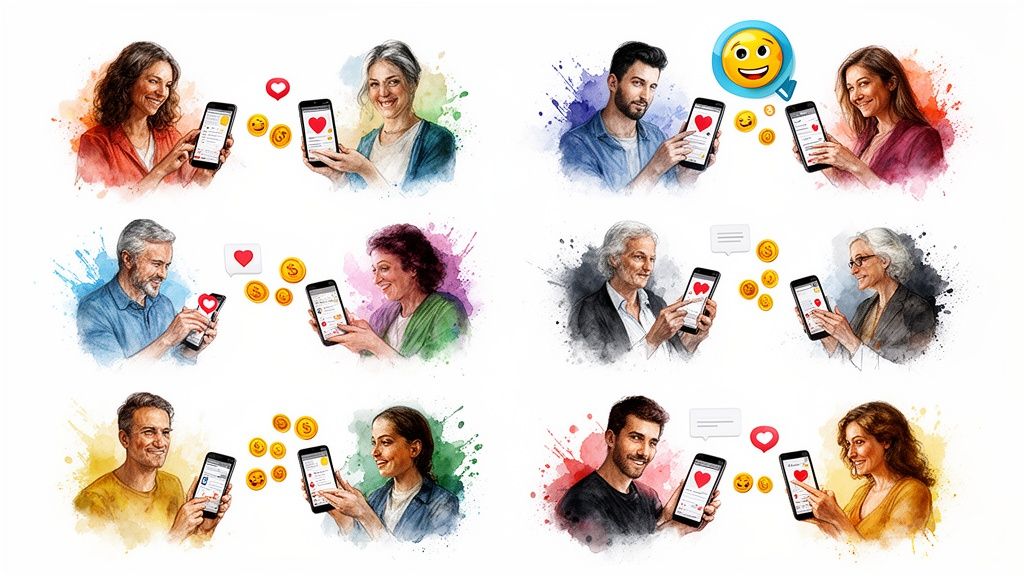 Diverse people engaging with smartphones, surrounded by social media icons like likes, money, and messages.