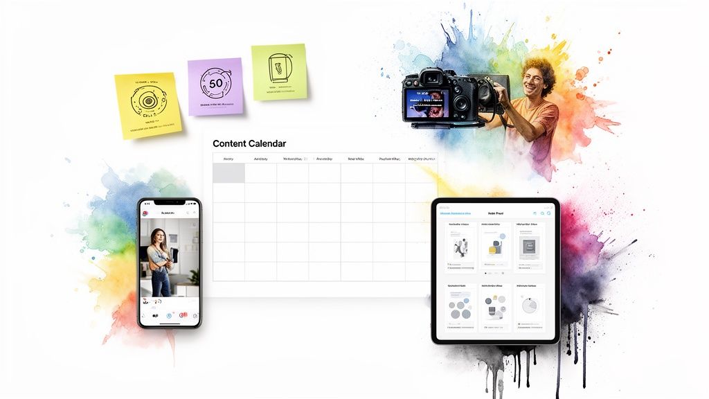 Creative social media marketing setup with a content calendar, camera, phone, and tablet.