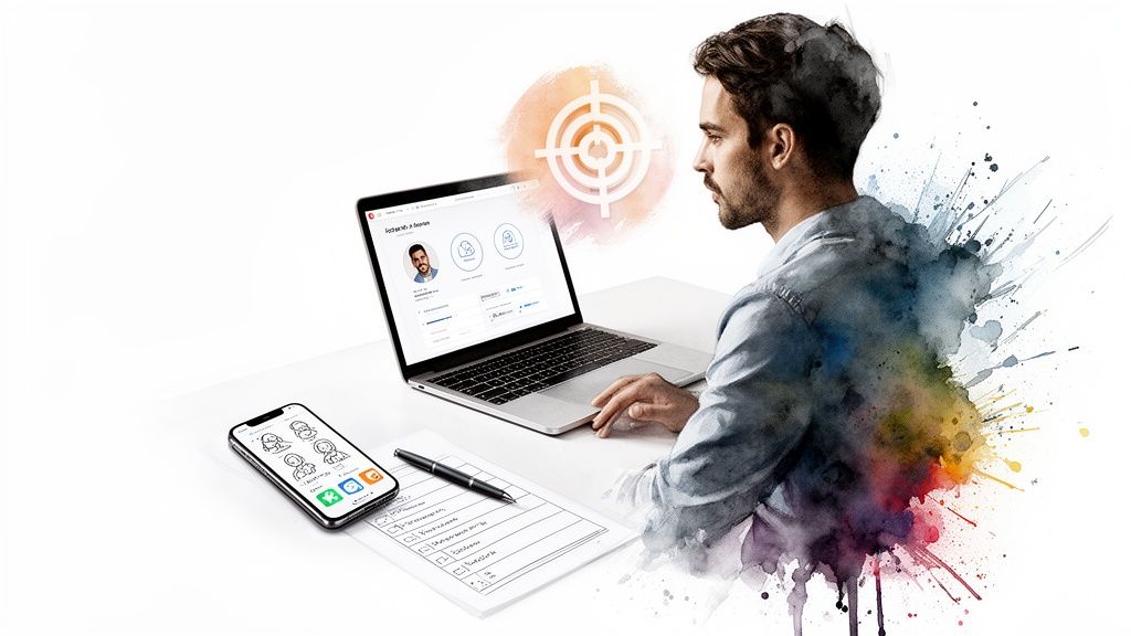 A man looks at a laptop displaying a social media profile, with a target icon overhead.