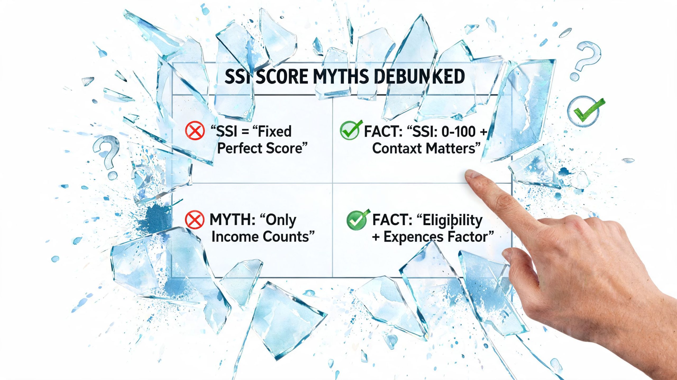 A conceptual graphic debunking LinkedIn SSI score myths with facts regarding scoring metrics and eligibility factors.