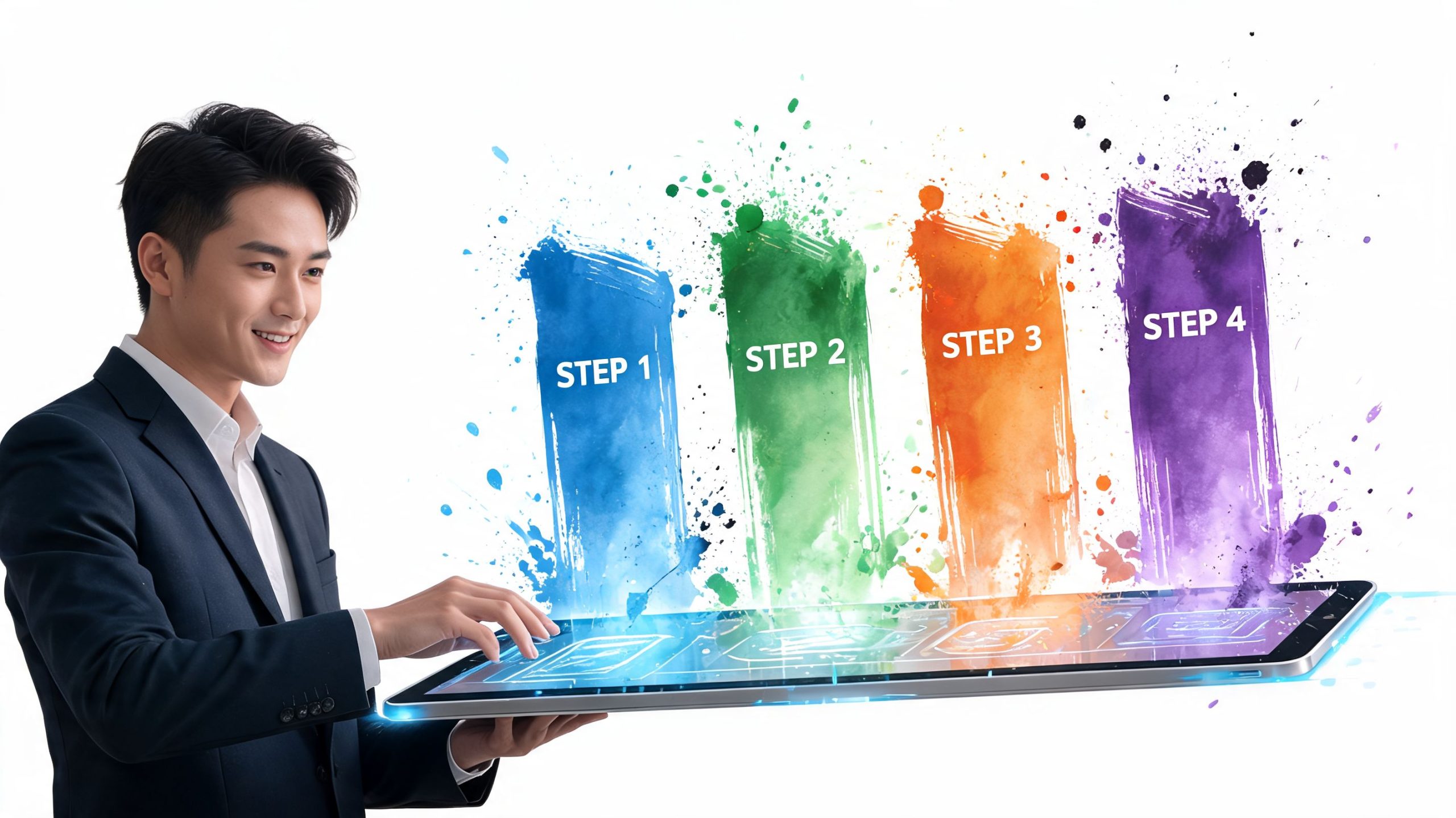 A professional man holding a tablet with a four-step digital process graphic floating above the screen.