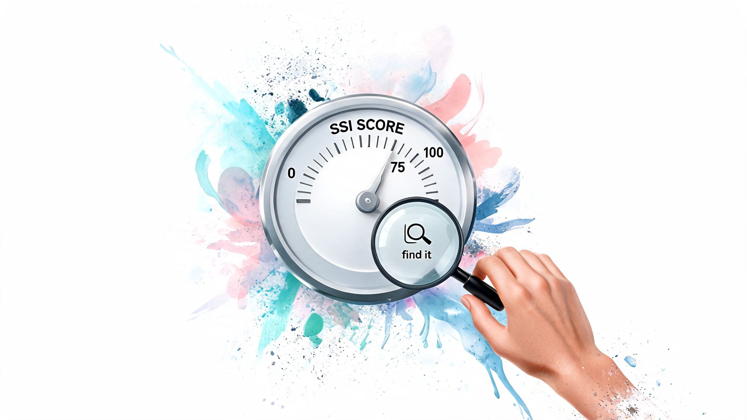 A hand holding a magnifying glass over an SSI score gauge with watercolor splashes on white background.