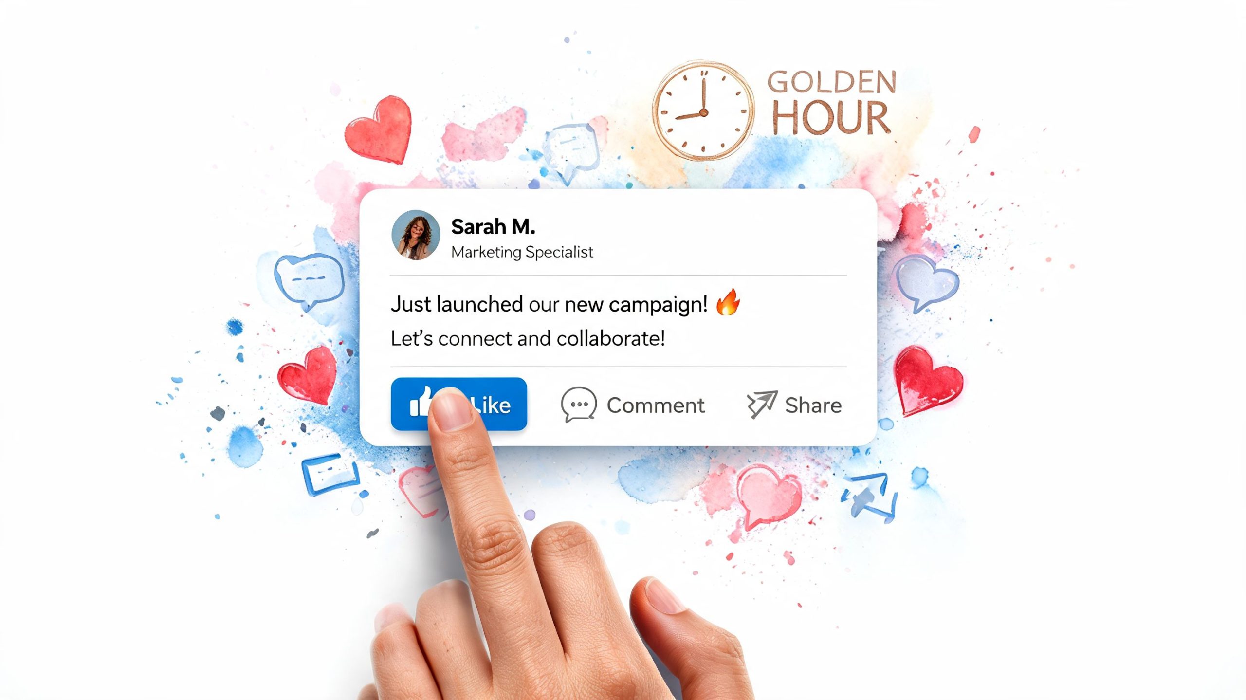A hand interacting with a social media post illustration featuring marketing text and watercolor social icons.