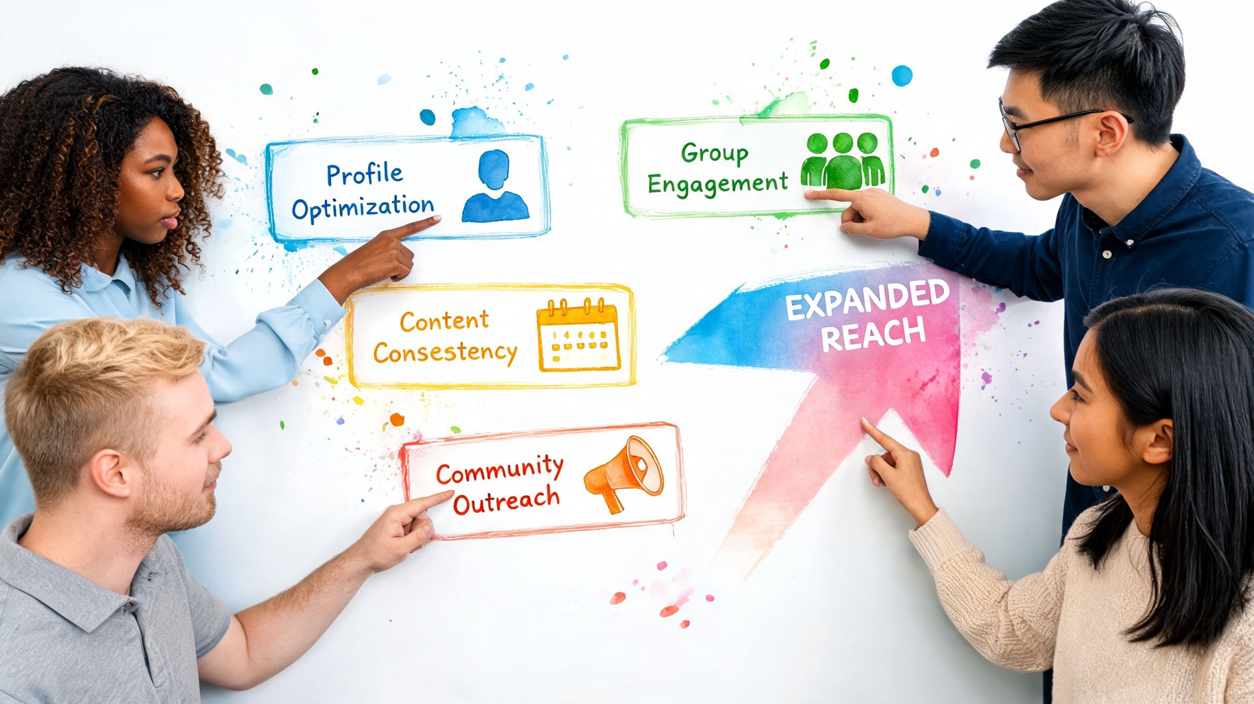A diverse group of professionals collaborates on a whiteboard illustrating social media and marketing growth strategies.