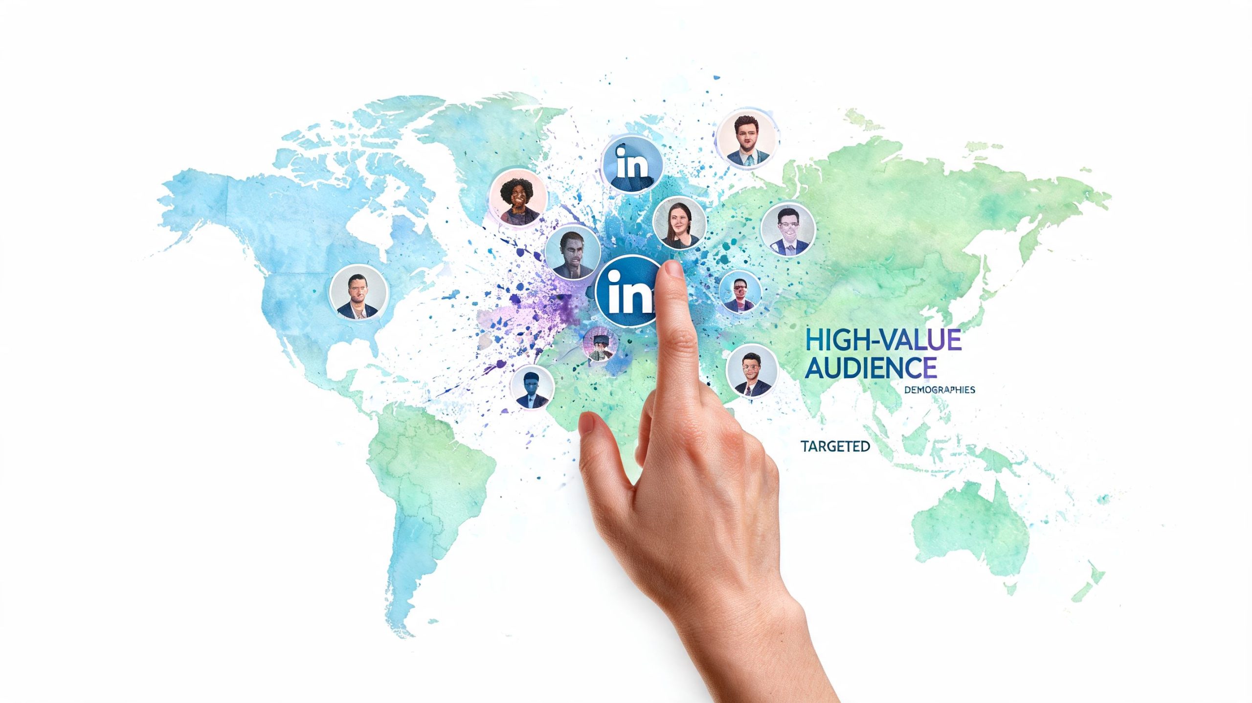 A hand touching a LinkedIn logo on a world map with connected professional portrait circles