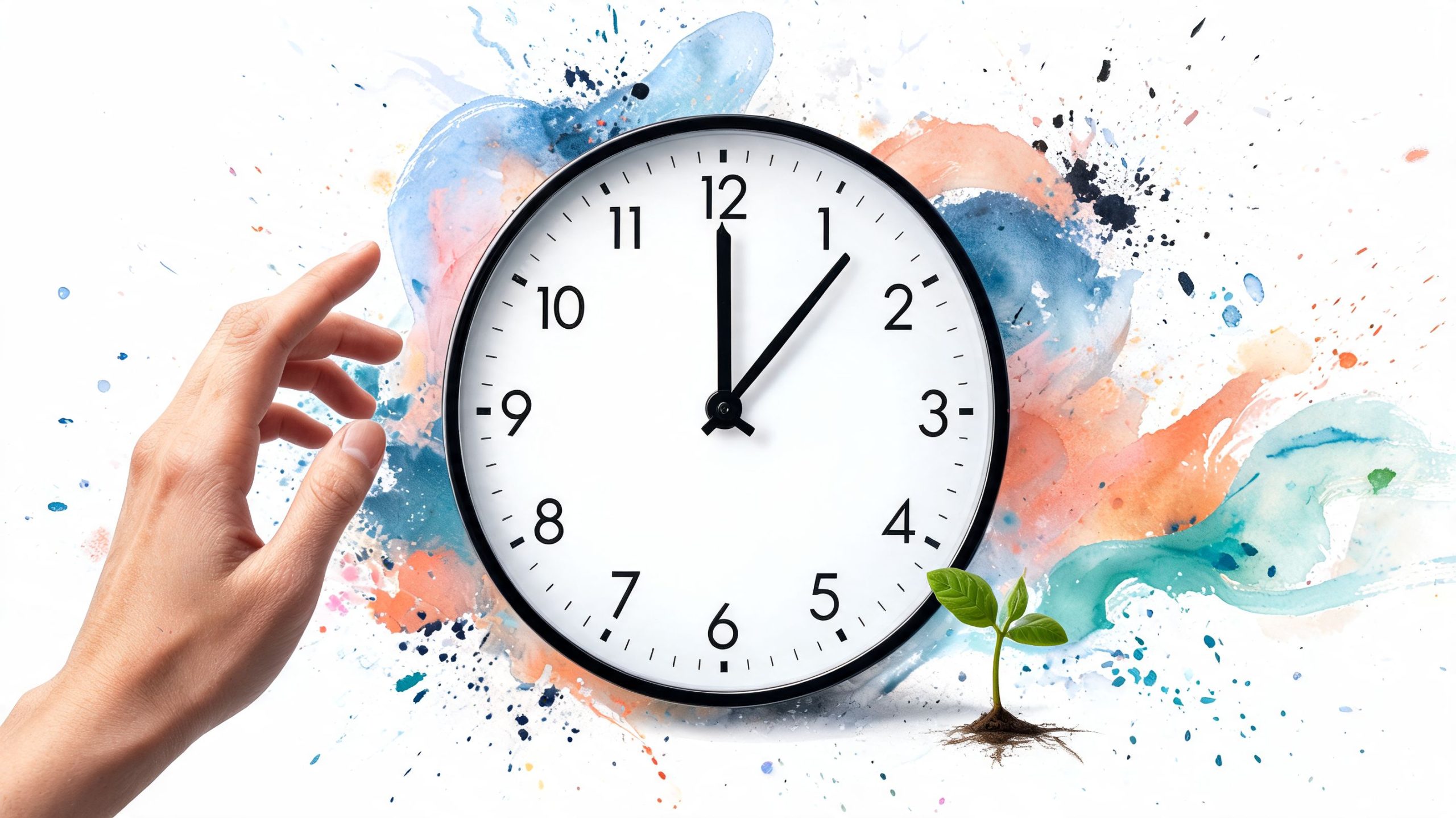 A hand reaching toward a wall clock with watercolor splashes and a small green plant growing underneath.