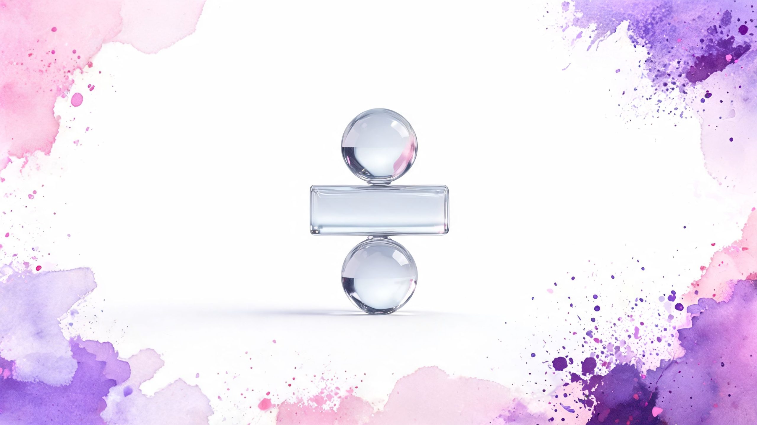 A glass division symbol floating on a white background with decorative pink and purple watercolor paint splatters.