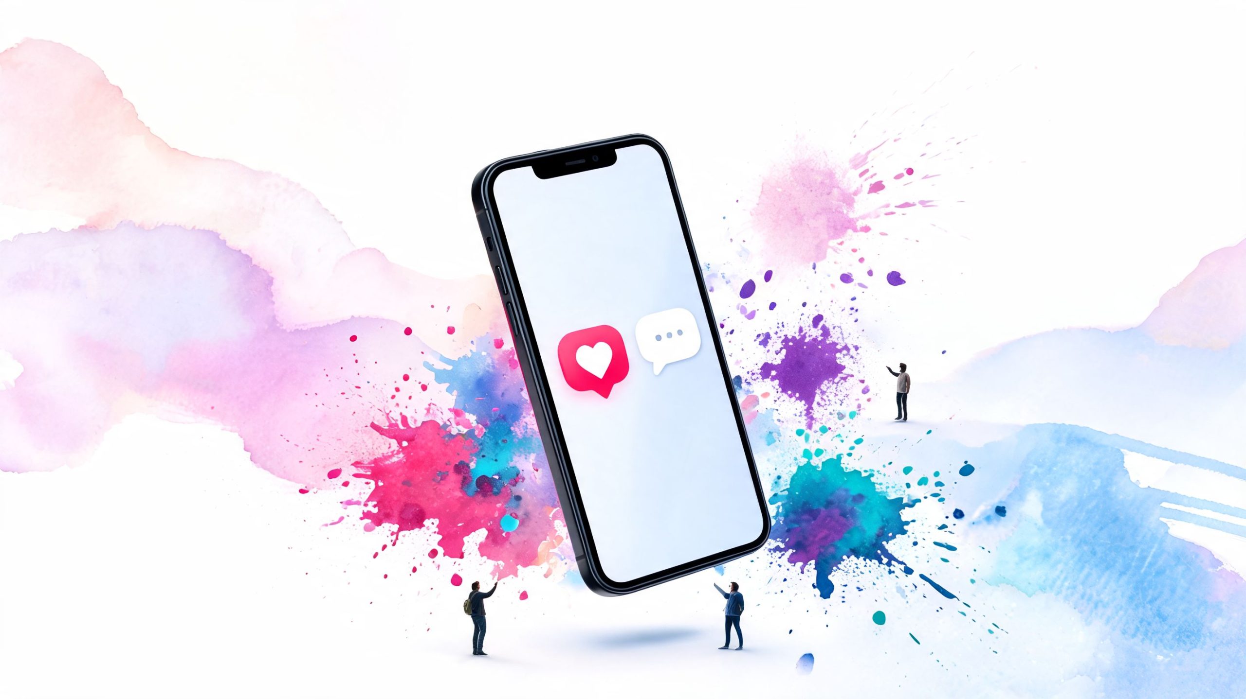 A 3D smartphone displaying social media interaction icons surrounded by colorful watercolor splashes and miniature people.