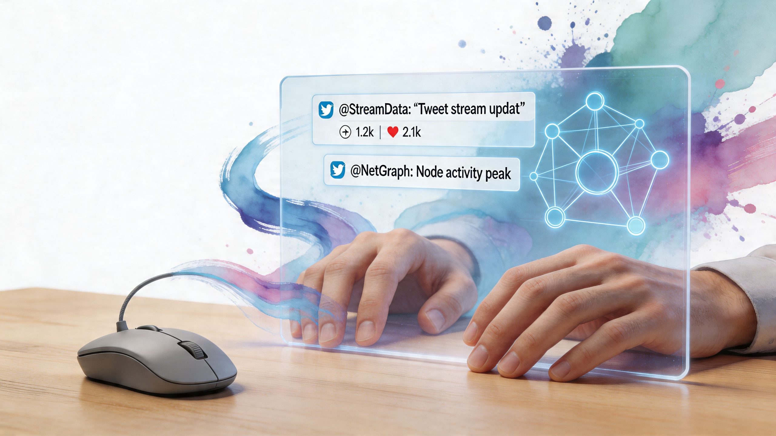 A person interacts with a digital interface showing Twitter-style social media posts and a glowing network graph.