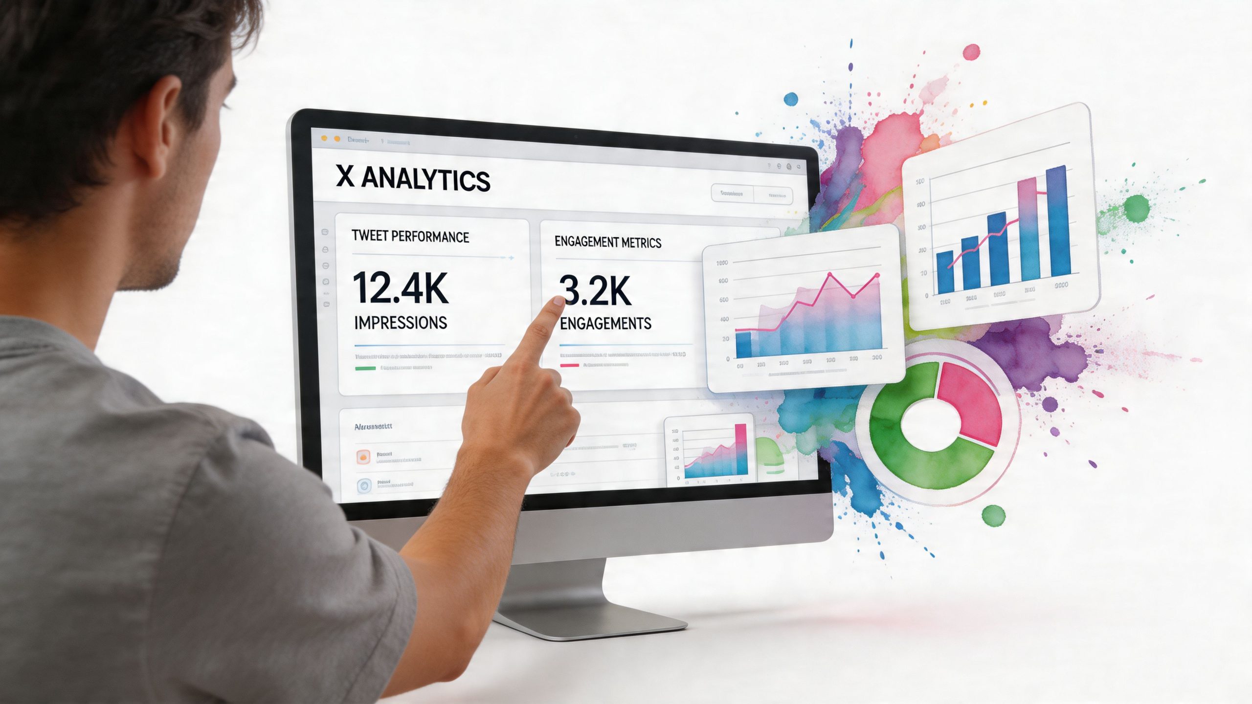 A man interacting with an X analytics dashboard on a computer screen displaying various data charts.