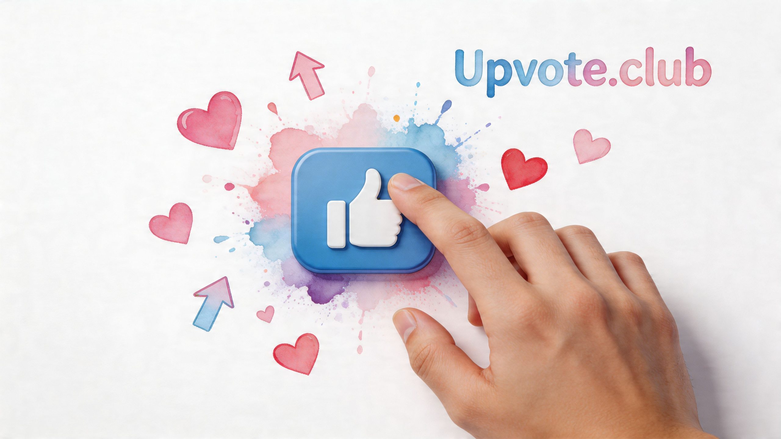 A hand pressing a blue like button icon surrounded by watercolor hearts and upvote arrows.