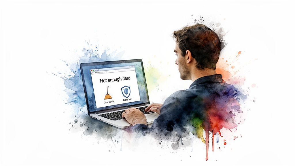 A man works on a laptop displaying 'Not enough data' with clear cache and protected options.