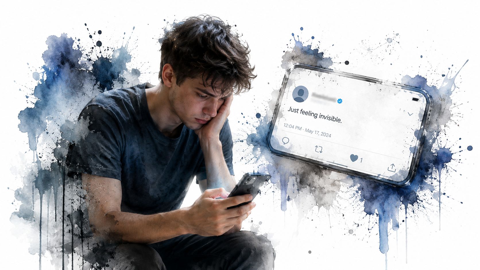 A sad man looking at his smartphone with a social media post about feeling invisible on screen.