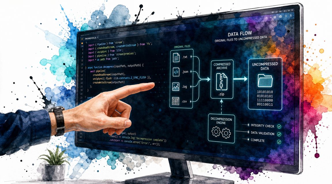 A hand pointing at a computer screen showing code and a visual data flow decompression diagram.