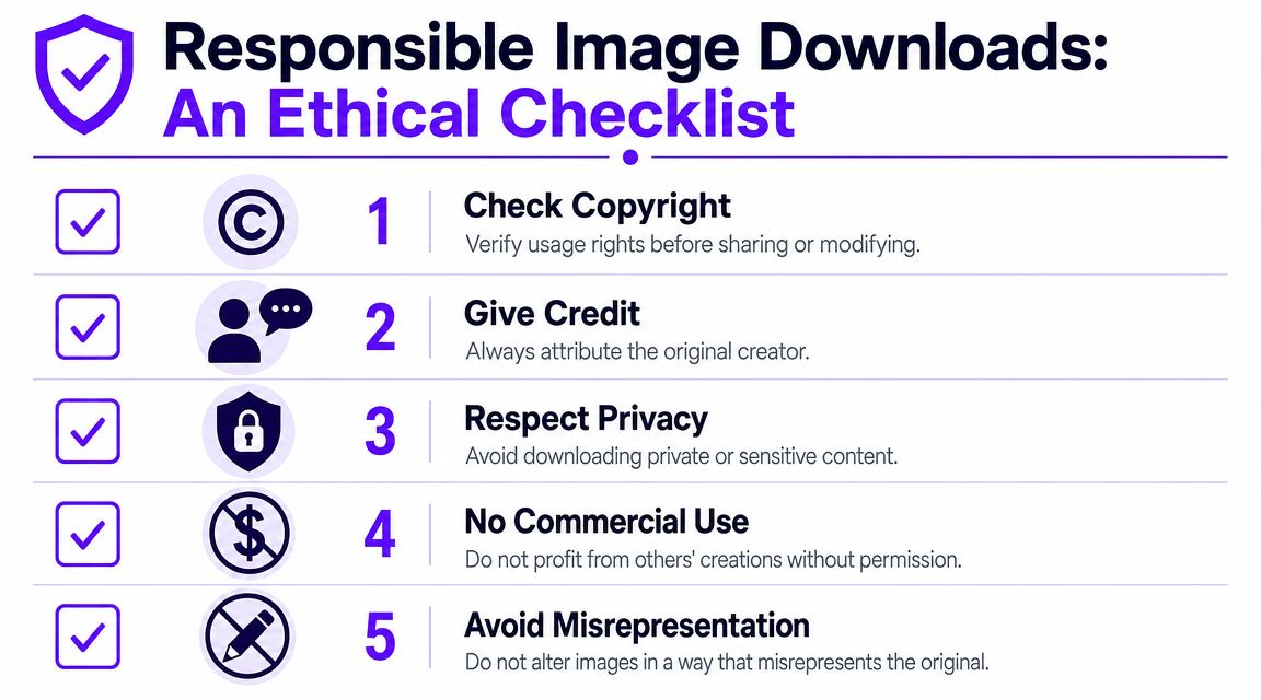 An ethical checklist infographic for responsible image downloads, including guidelines on copyright, attribution, privacy, and usage.