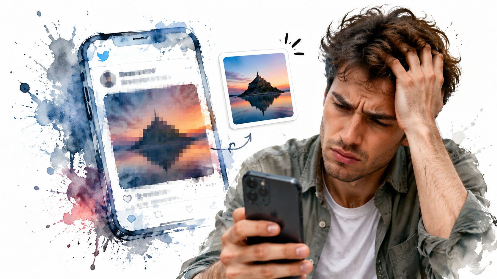 A frustrated man looking at a pixelated image on his smartphone while a high quality version appears.