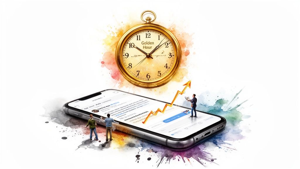 Golden Hour pocket watch above a smartphone with tiny people interacting with a rising growth graph, symbolizing social media strategy.
