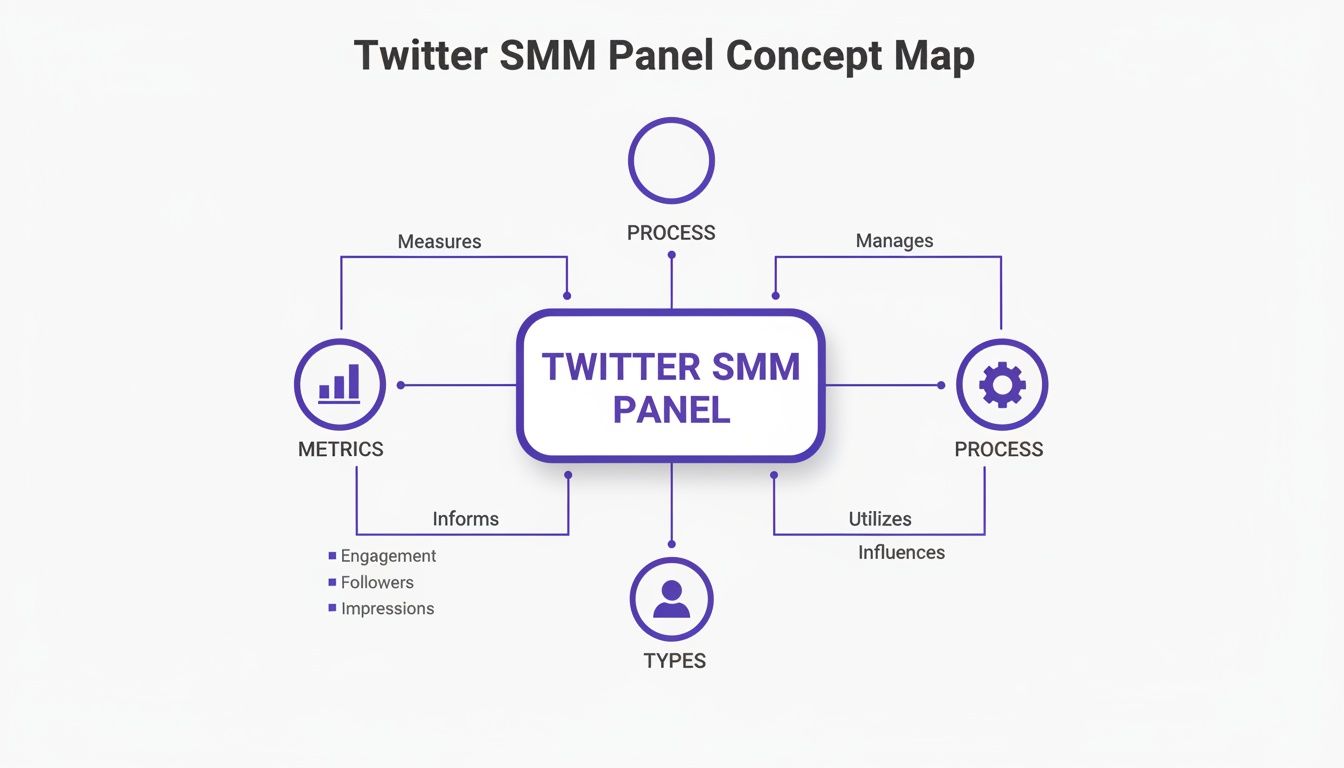 Concept map illustrating Twitter SMM Panel functions, metrics like engagement, followers, impressions, and processes.