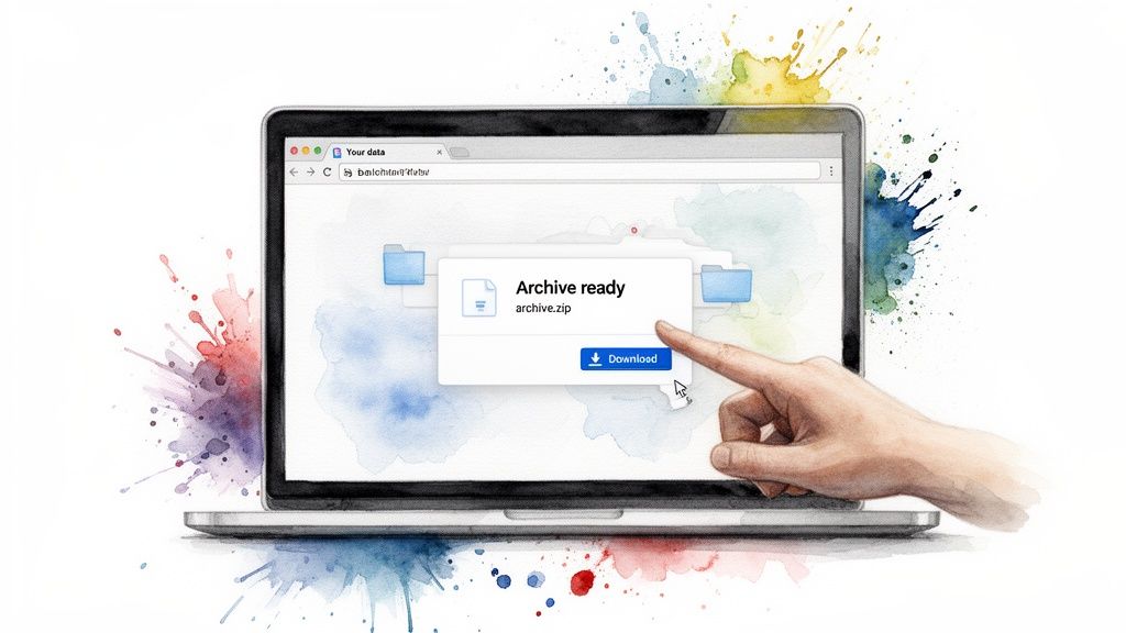 Digital archive download on a laptop, illustrated with colorful watercolor splashes.